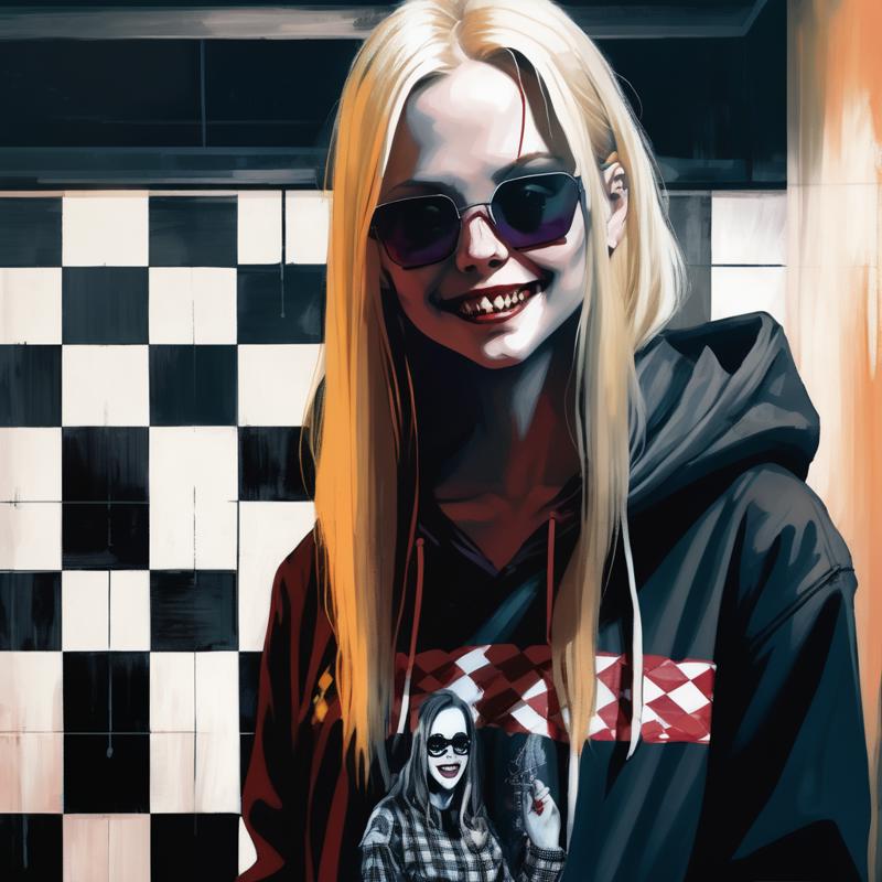 10976-197057946-VtmArt, painting of a cute blonde haired pale skinned girl wearing a grunge hoodie with a creepy fanged smile in a coat with lon.png